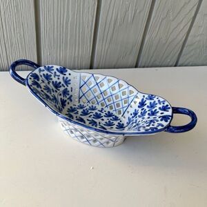Blue White Reticulated Porcelain Basket Dish Floral Lattice Handles 9.5" NWOT